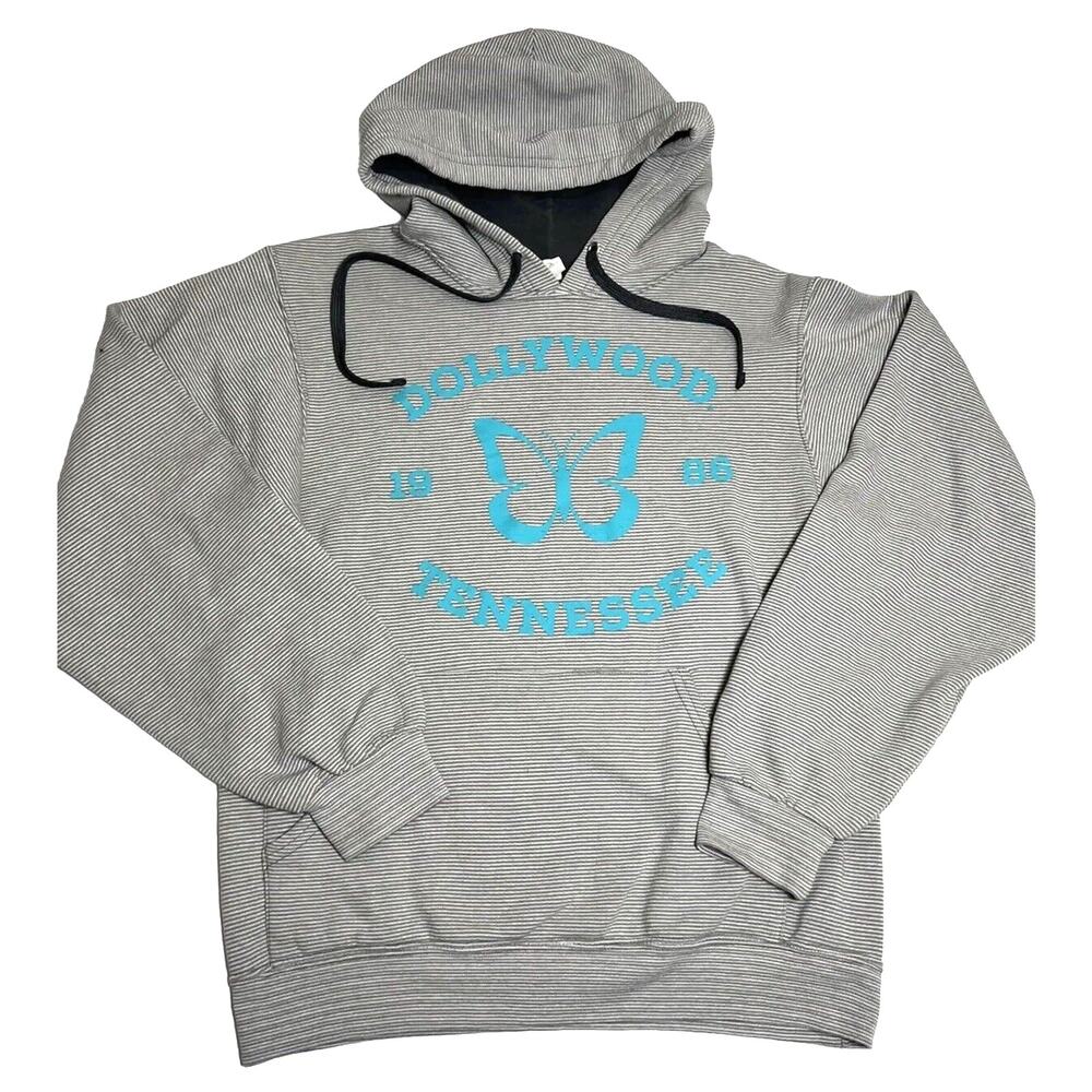Dollywood Hoodie Sweatshirt Size S Gray Striped Blue Butterfly Dolly Parton
